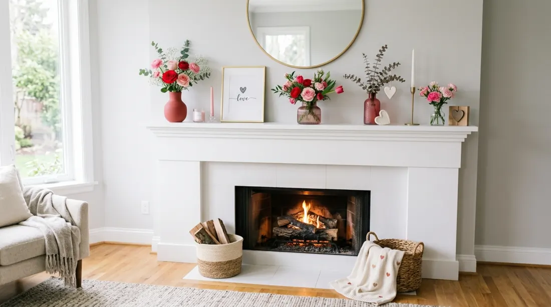 Minimal Valentine mantel with white fireplace, red and pink vases, and heart accents.