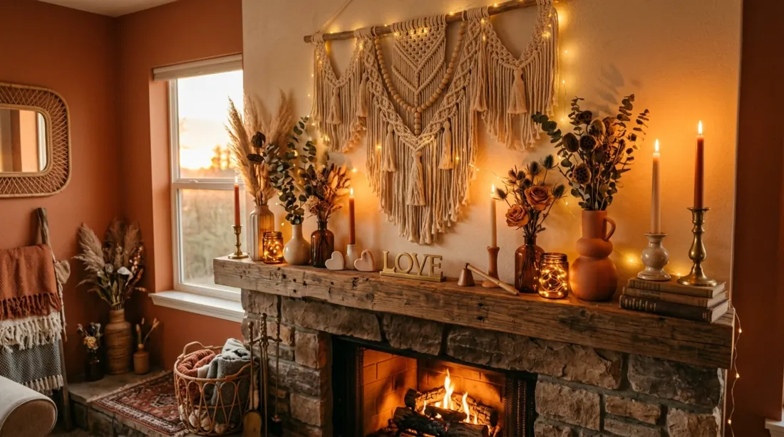 Bohemian Valentine mantel with macrame, candles, dried flowers, and string lights.