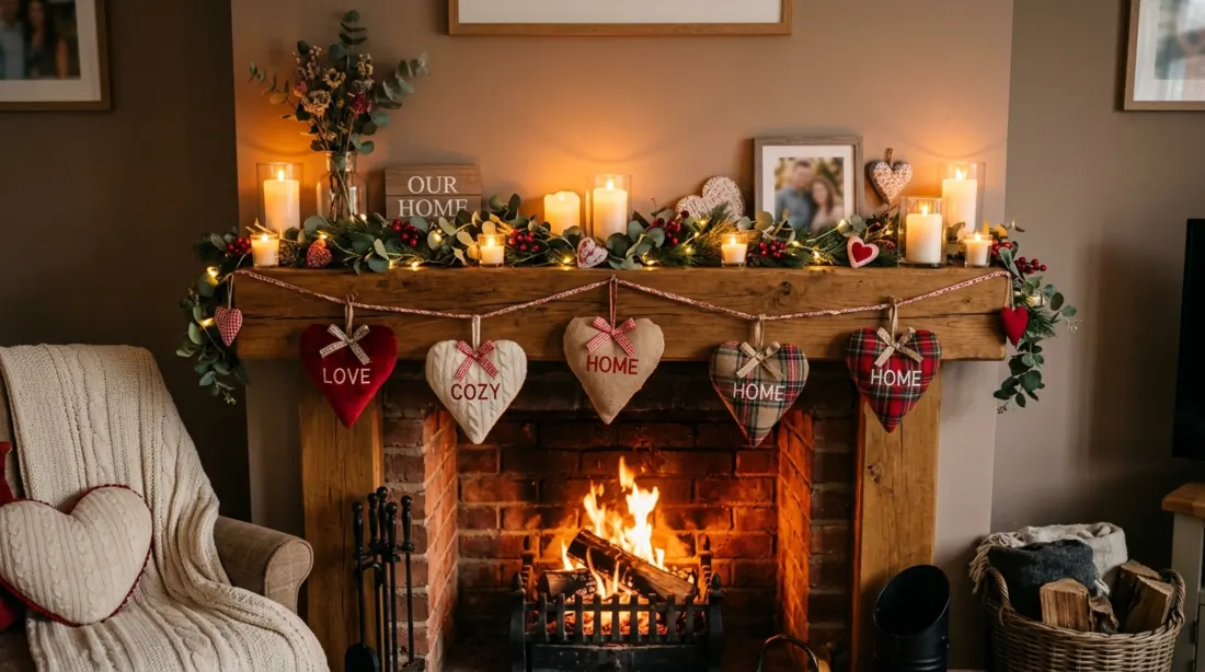 Cozy Valentine mantel with heart decorations, candles, textiles, and warm firelight.