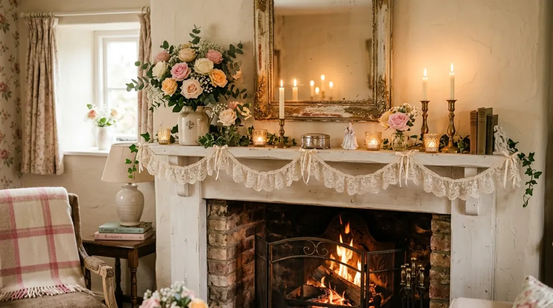 Cottage Valentine mantel with pastel roses, lace garland, antique mirror, and candle glow.