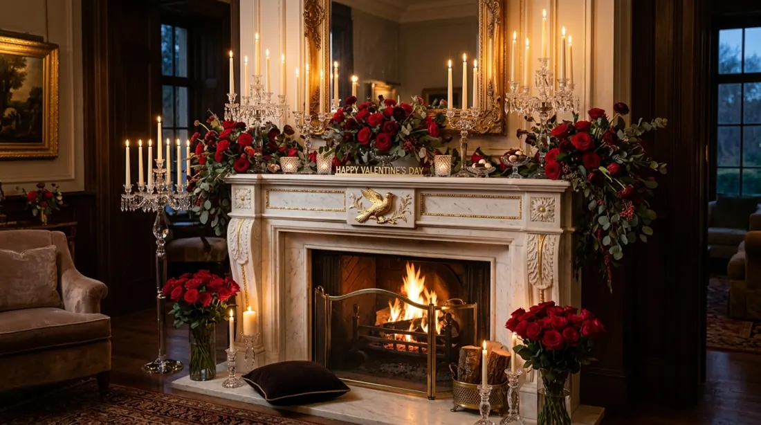Luxury Valentine mantel with marble fireplace, crystal candles, red flowers, and gold accents.