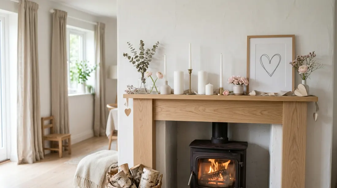 Scandinavian Valentine mantel with light wood, white candles, and minimal pink florals.