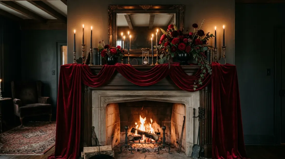 Dramatic Valentine mantel with red velvet draping, black candles, and dark florals.