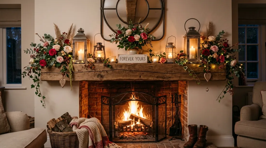 Rustic Valentine mantel with reclaimed wood shelf, wild roses, lantern candles, and firelight.