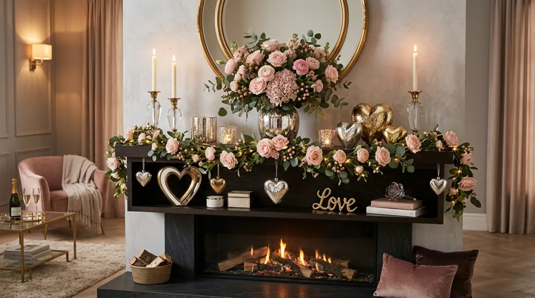 Modern glam Valentine mantel with mirrored decor, metallic hearts, and blush flowers.