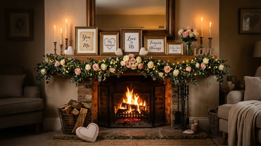Heartfelt Valentine mantel with framed love notes, fairy lights, roses, and fireplace glow.