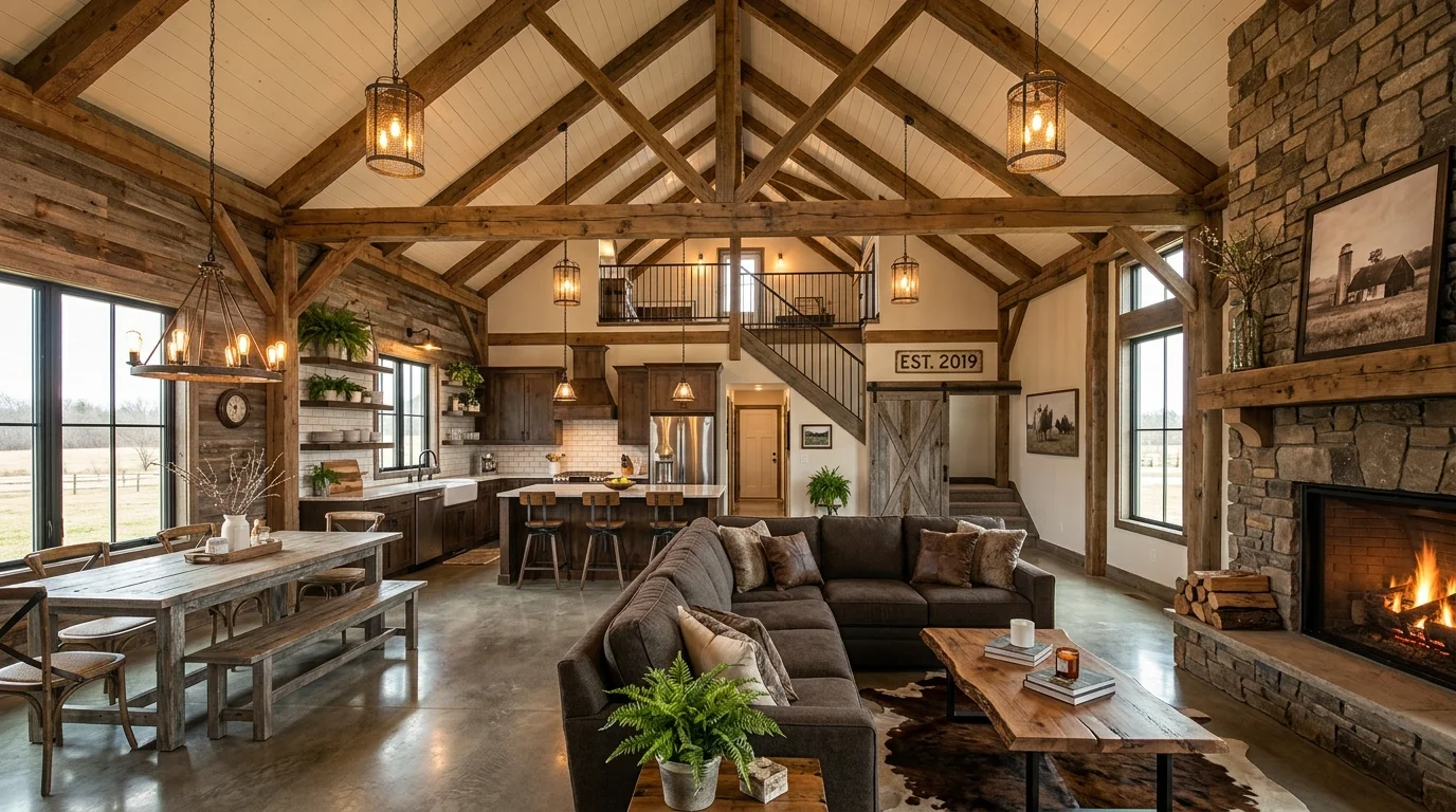 Rustic barndominium interior with vaulted ceilings, exposed beams, polished floors, and warm industrial lighting.