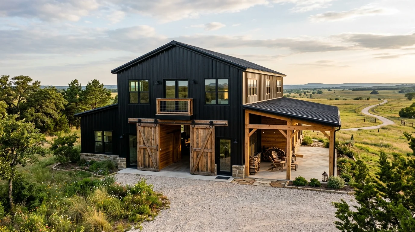 Modern rustic barndominium exterior with black metal siding, barn doors, wood accents, and countryside views.