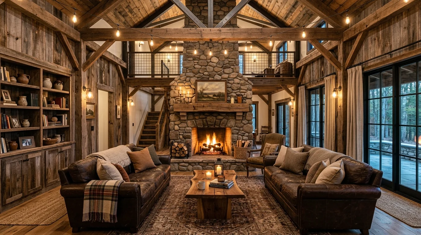 Cozy barndominium with reclaimed wood walls, stone fireplace, leather sofas, and Edison bulb lighting.