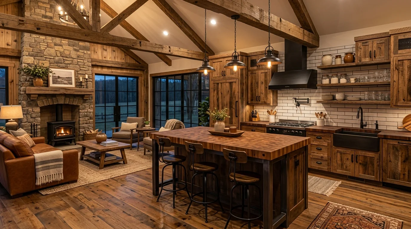 Open-plan barndominium kitchen and living area with oversized island, butcher block counters, and warm rustic cabinetry.