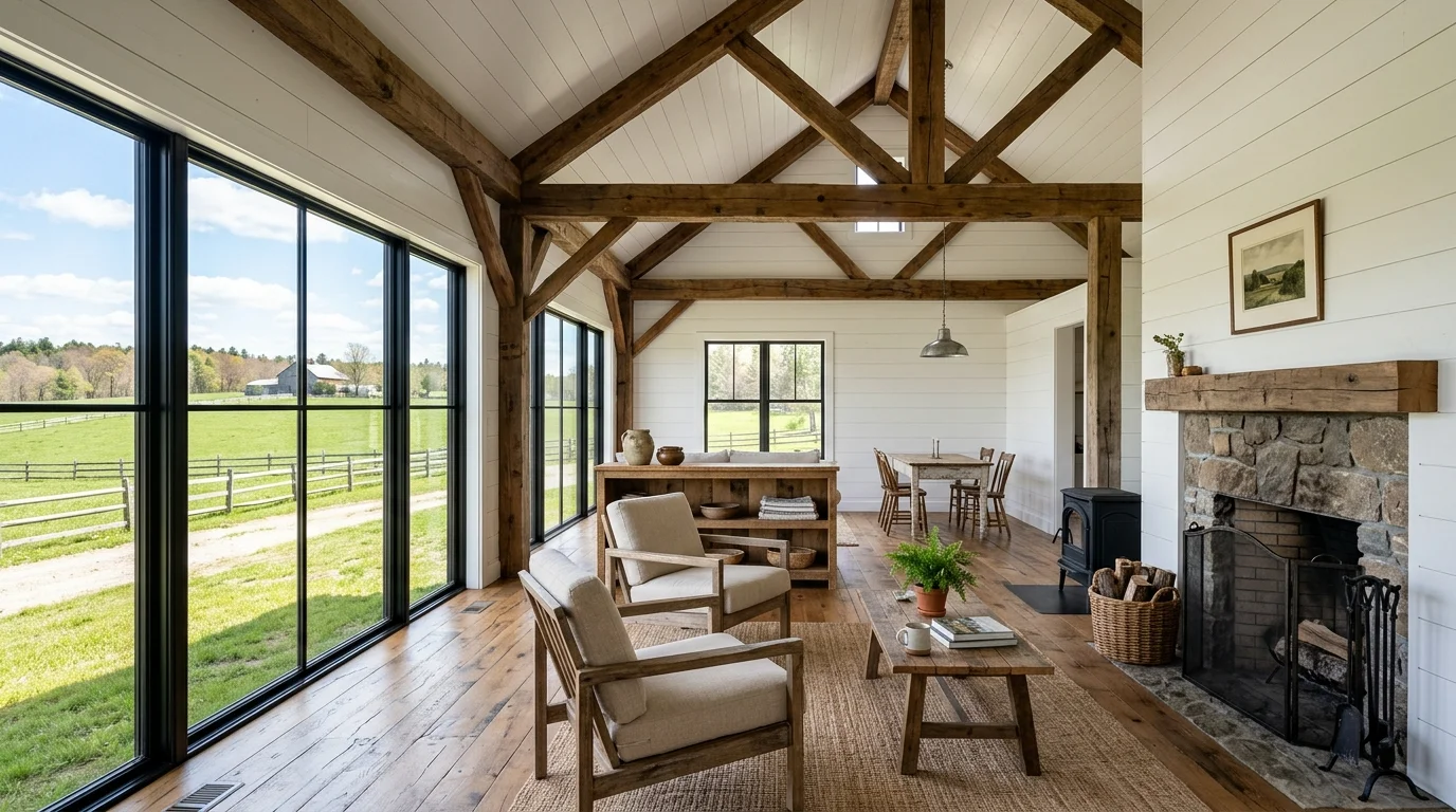 Minimal rustic barndominium with white shiplap walls, exposed timbers, simple furnishings, and large windows.