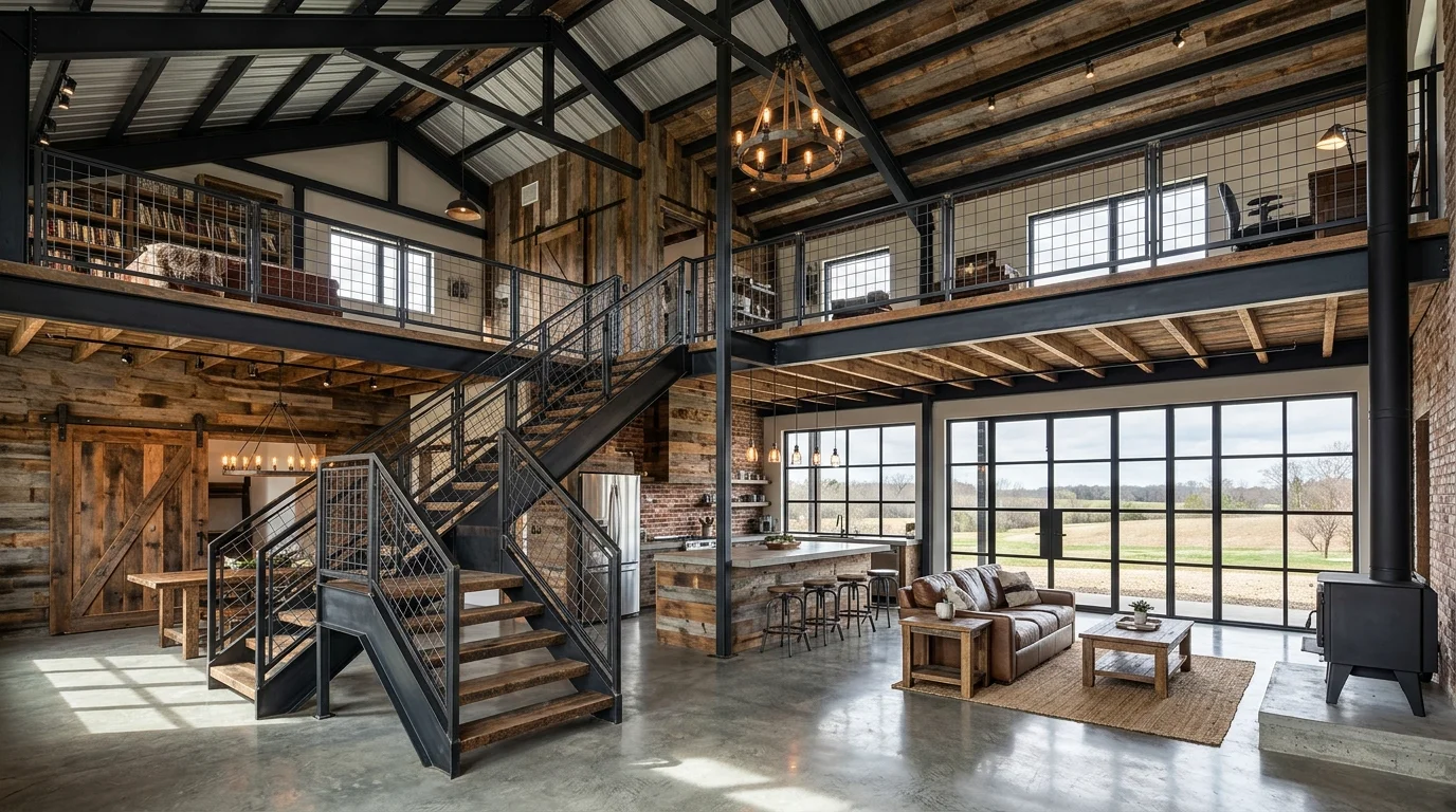 Industrial farmhouse barndominium with steel framing, reclaimed wood accents, metal stair, and open loft.