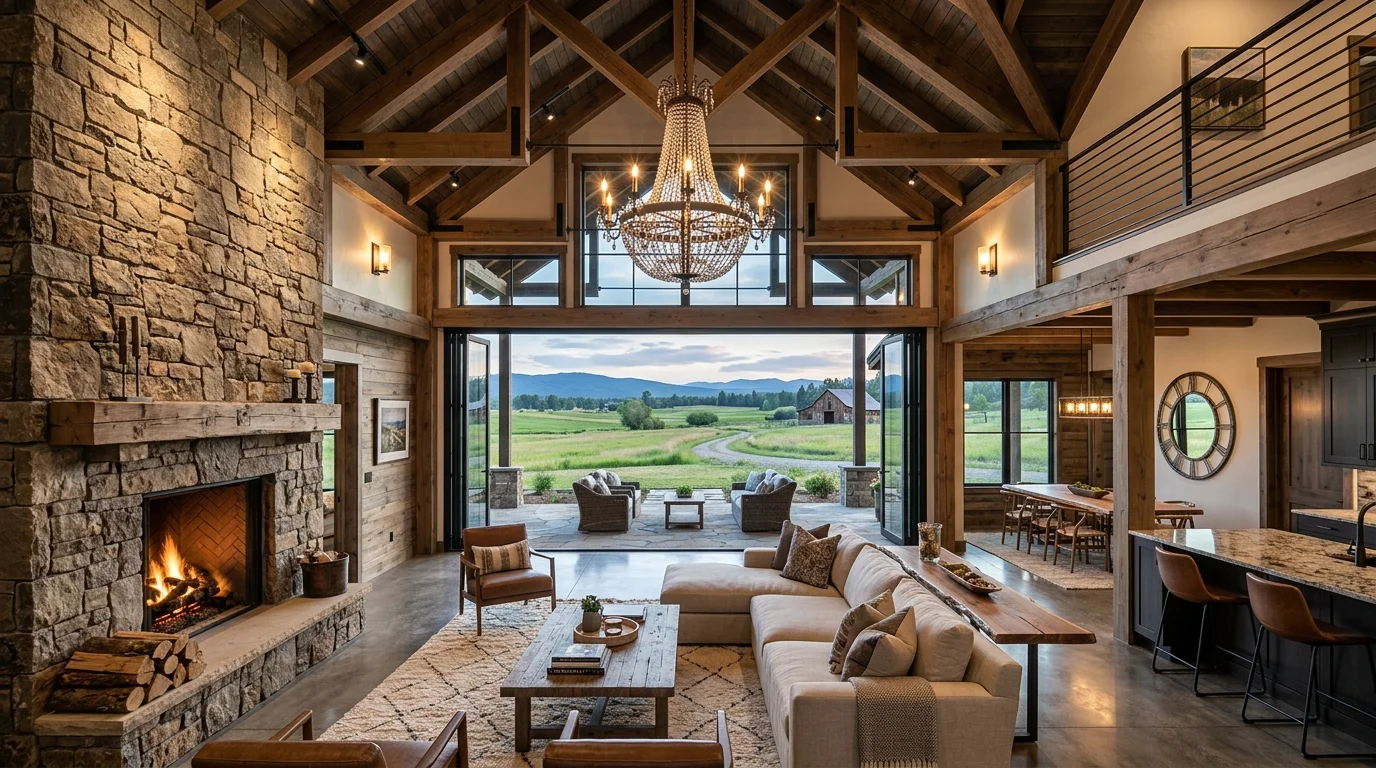 Luxury barndominium with grand living hall, chandelier, stone fireplace, and glass doors opening to fields.