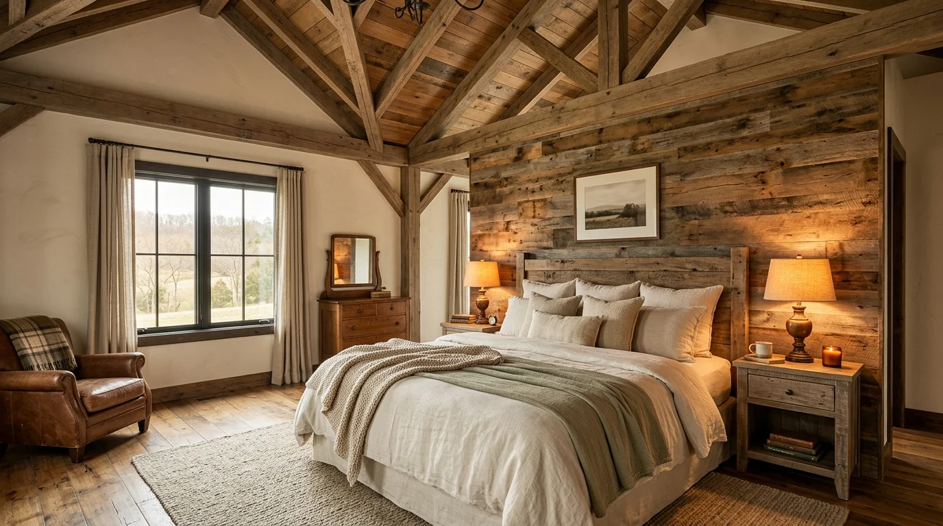 Barndominium bedroom with vaulted wood ceiling, linen bedding, rustic wall, and warm bedside lighting.