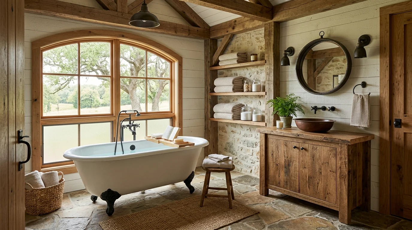 Rustic barndominium bathroom with clawfoot tub, stone tile floor, wood vanity, and matte black fixtures.