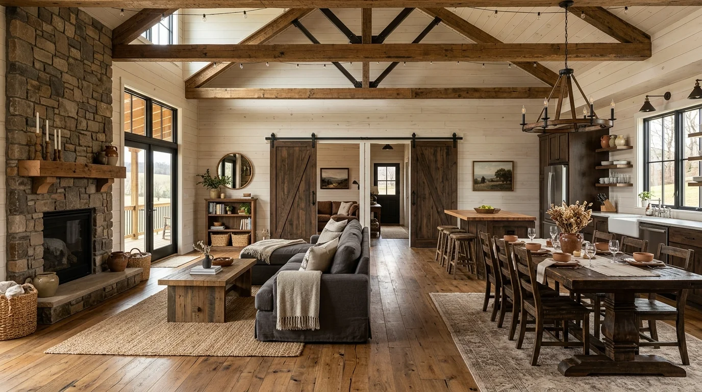 Family-friendly barndominium with large dining table, cozy sectional, barn-style sliding doors, and warm welcoming design.