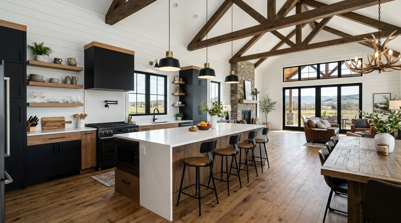 Modern farmhouse barndominium kitchen with black and wood cabinetry, large island seating, and airy open layout.
