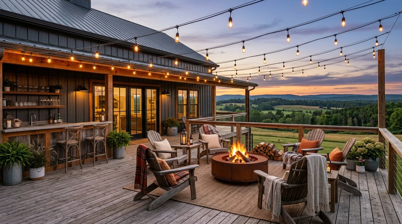 Outdoor barndominium patio with wood decking, fire pit seating, string lights, and wide rural views.