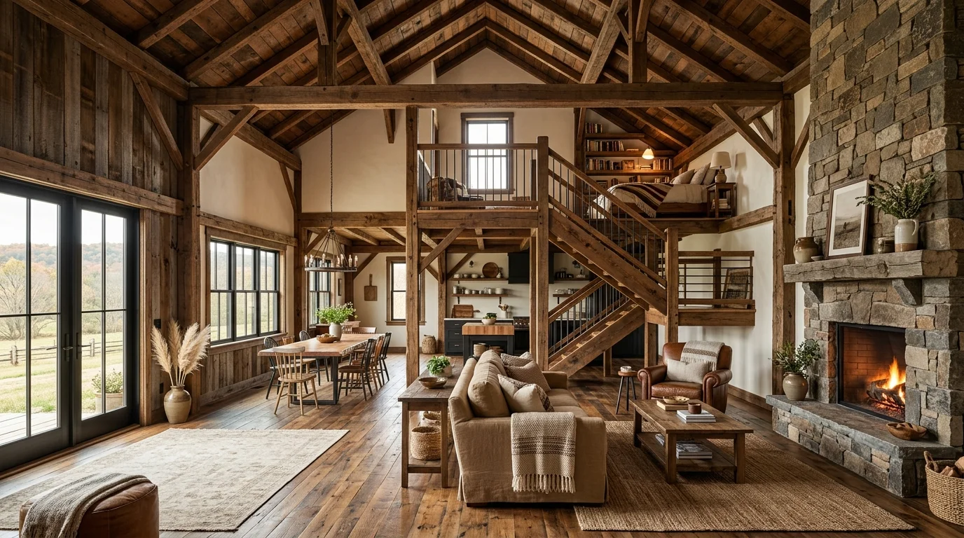 Converted barn-style barndominium interior with original beams, high ceilings, cozy loft, and rustic-modern textures.