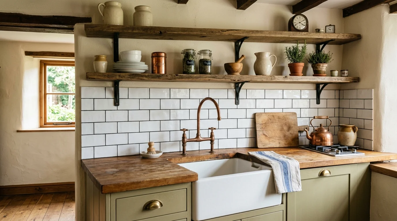 Country kitchen with rustic tile backsplash, wood shelves, and warm farmhouse styling.