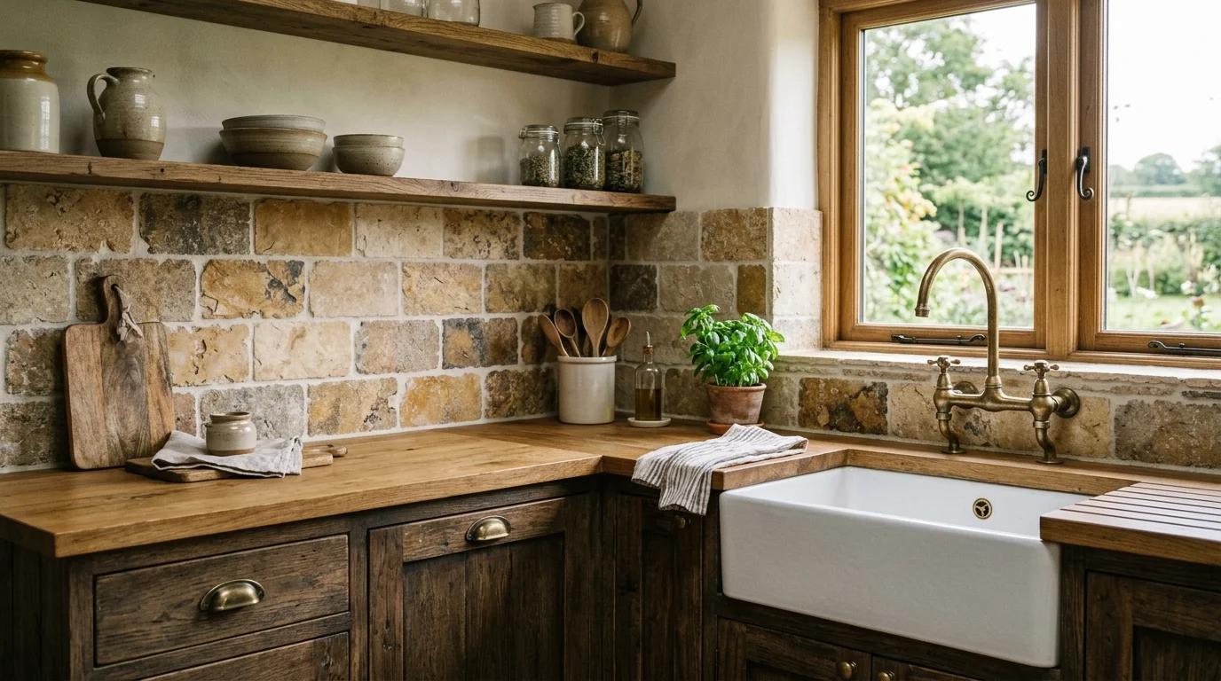 Farmhouse kitchen with white beadboard backsplash and a clean cozy backdrop.