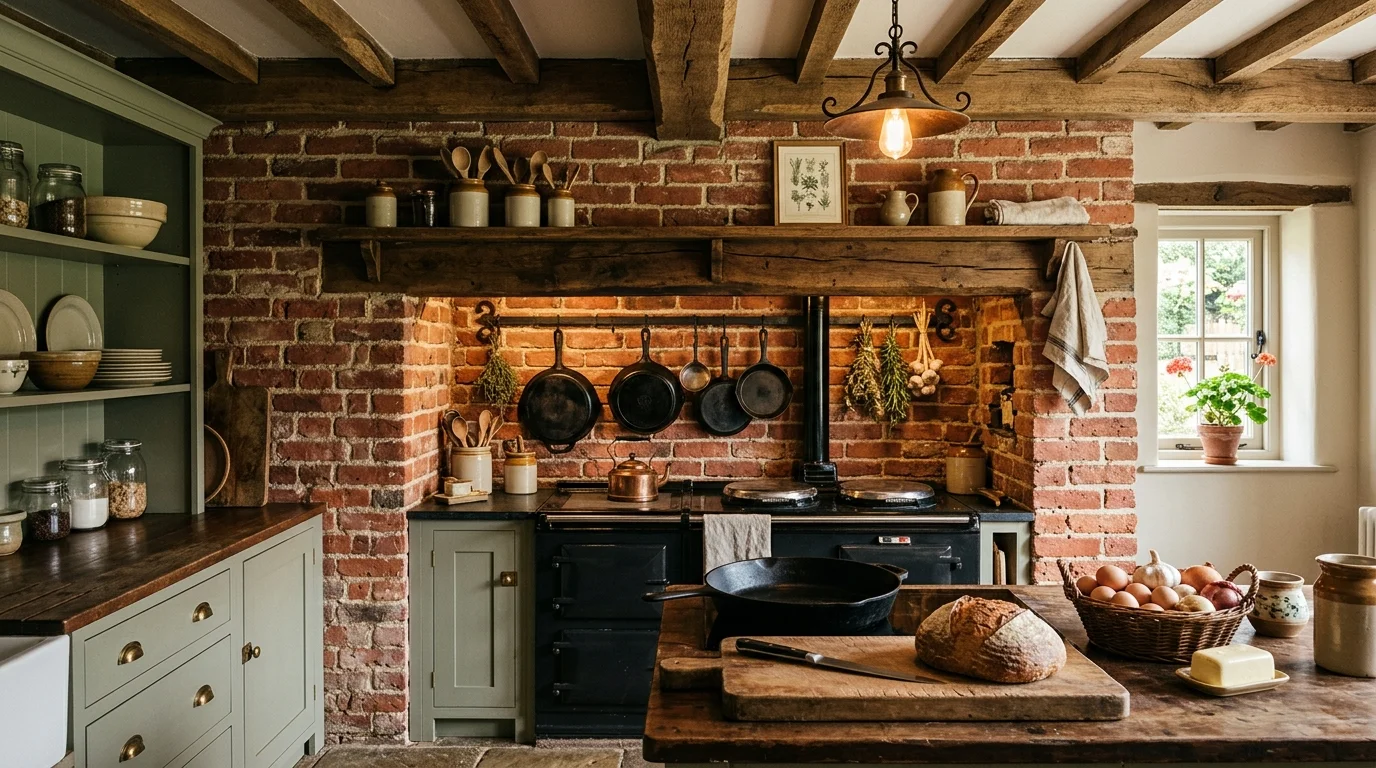 Country kitchen with textured stone backsplash and warm natural materials.