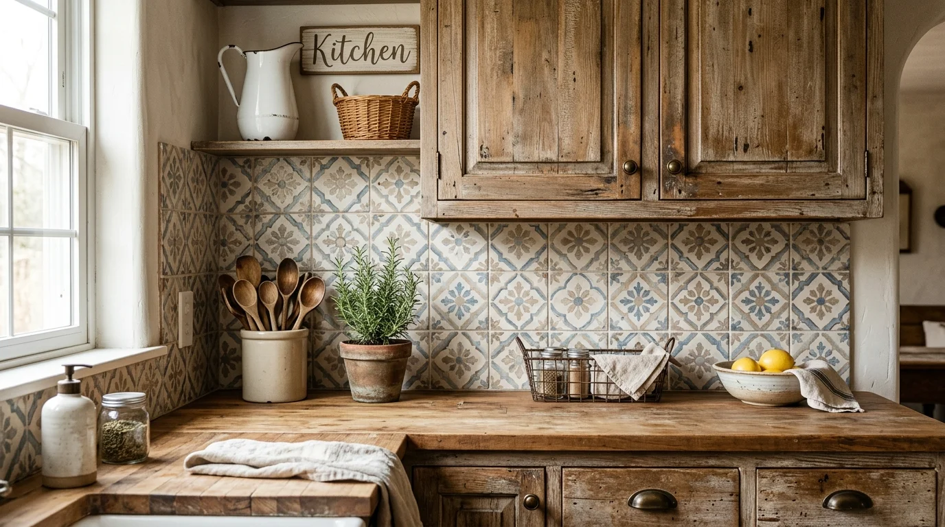 Farmhouse kitchen with subway tile backsplash and classic black hardware.