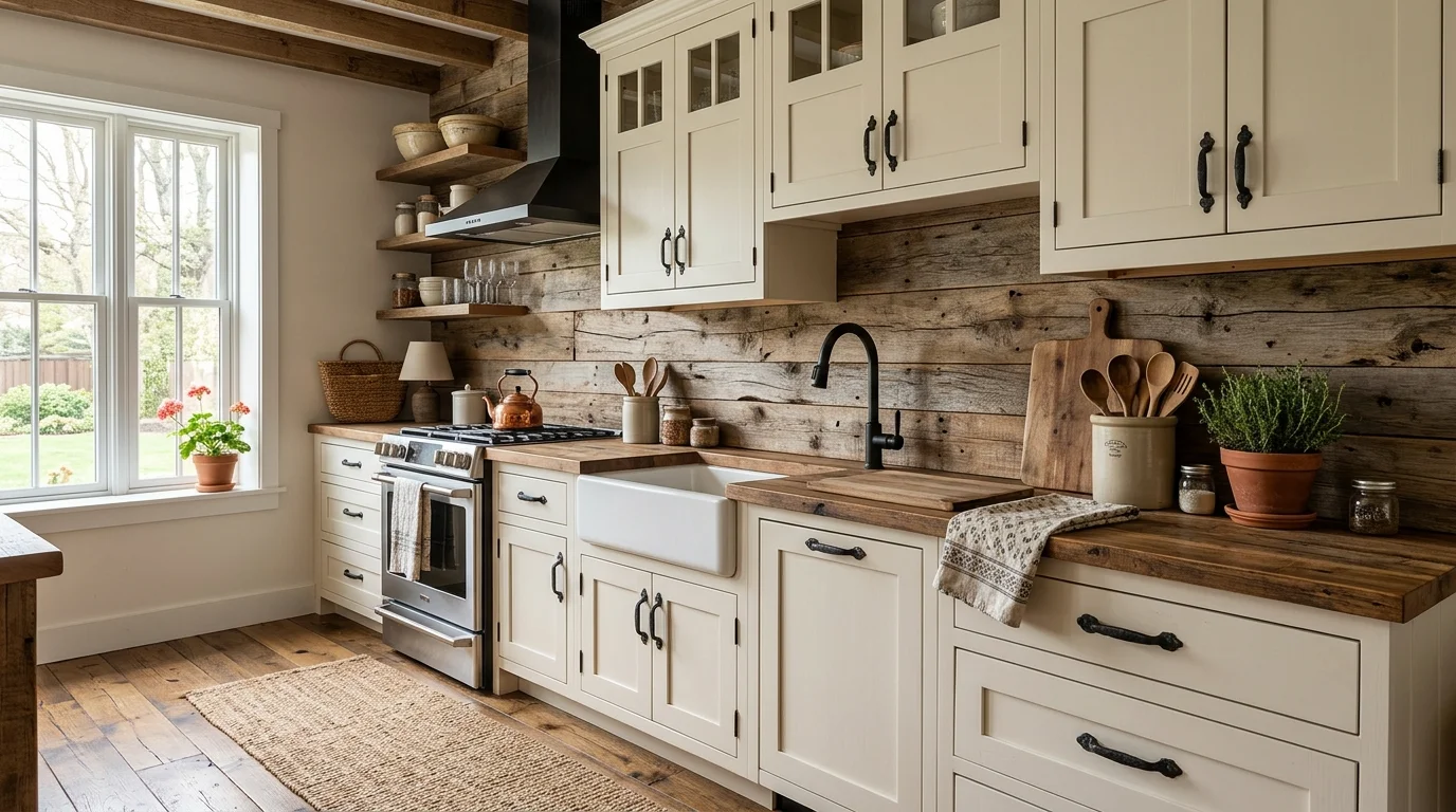 Kitchen with patterned vintage tile backsplash and a charming collected look.