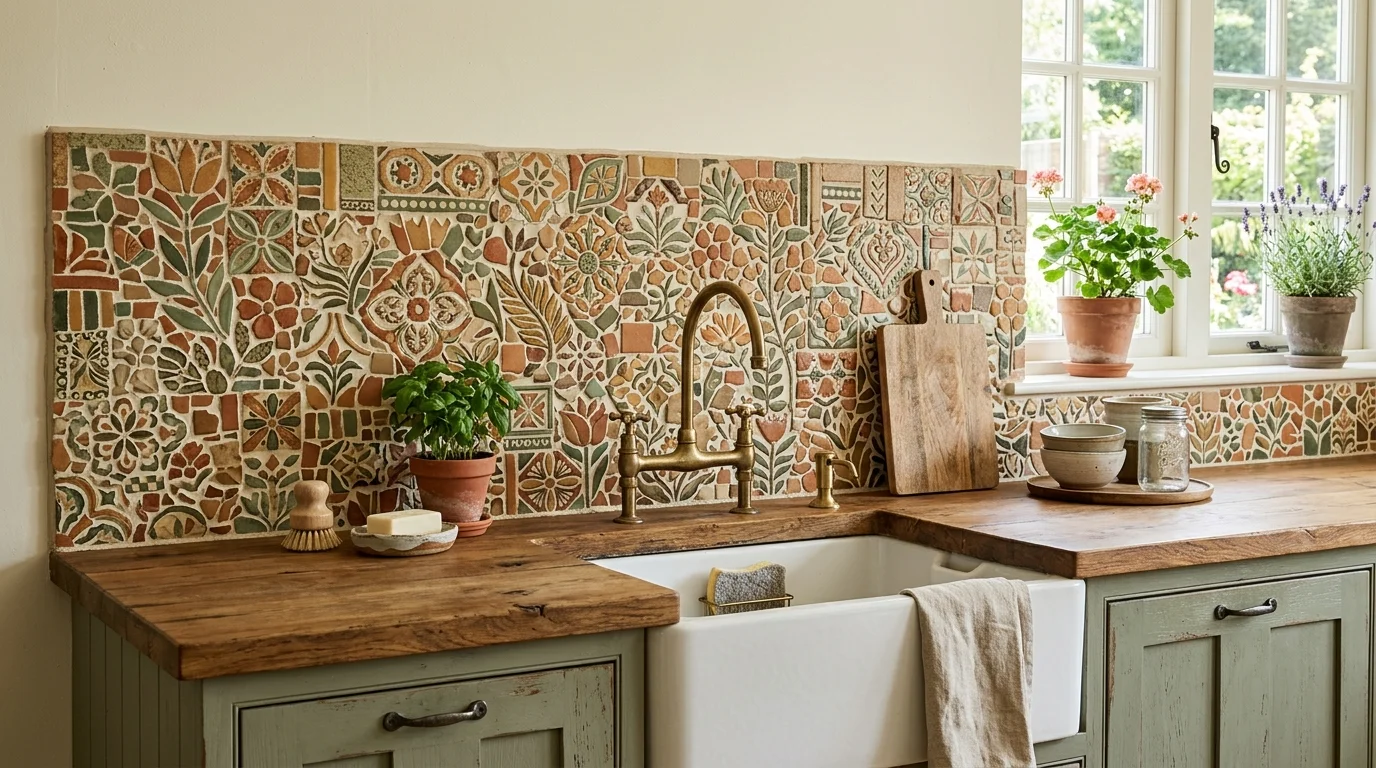 Country kitchen with shiplap backsplash and soft airy farmhouse brightness.