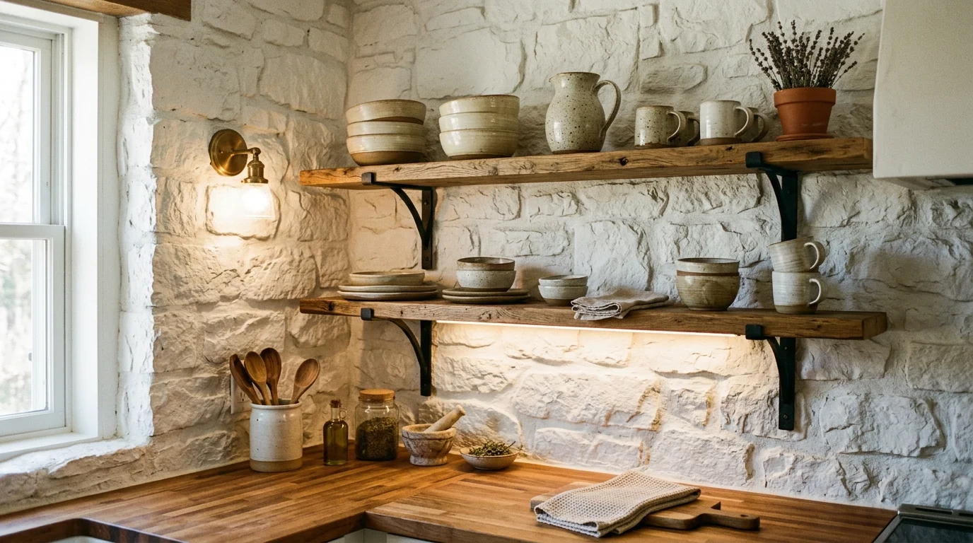 Kitchen with cream handcrafted tile backsplash and subtle rustic variation.