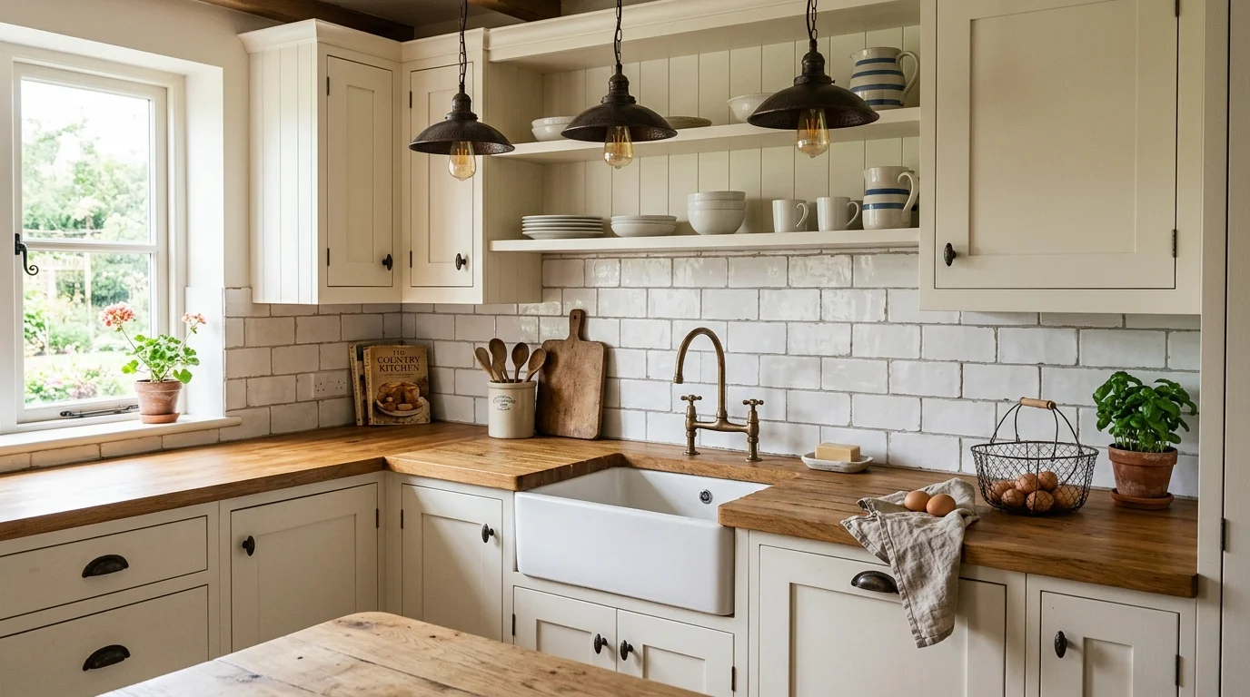 Warm country kitchen with sealed wood backsplash and layered cottage charm.