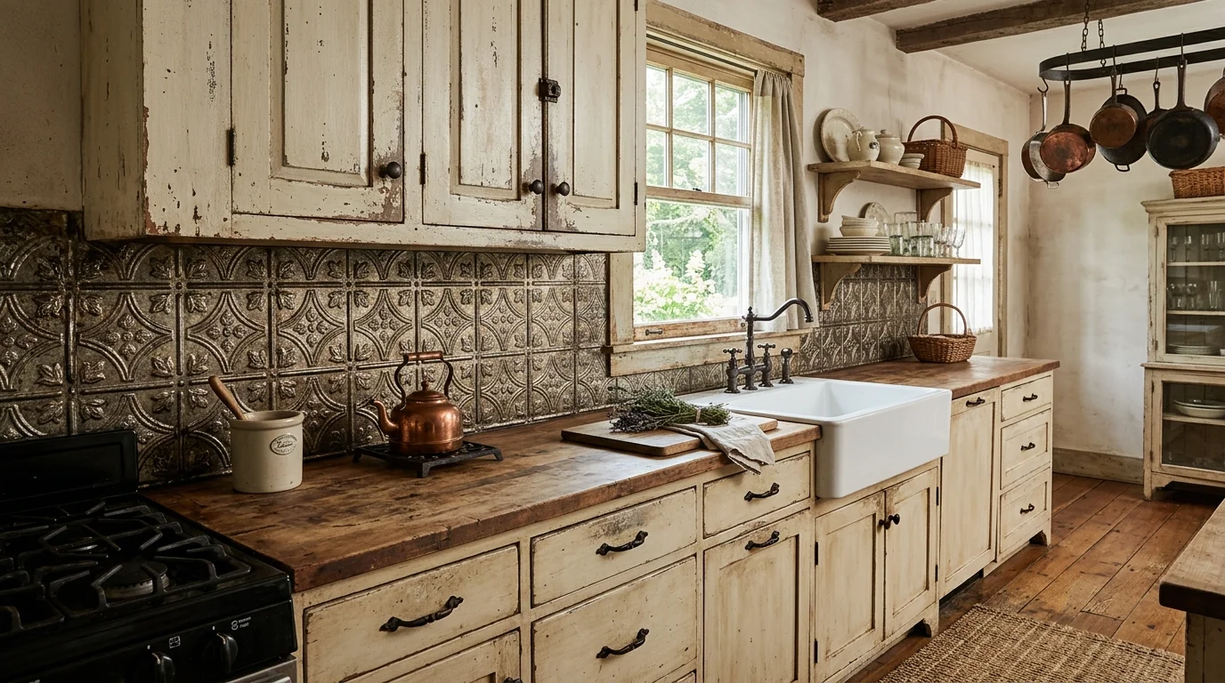 Kitchen with blue-and-white backsplash tile and an old-world farmhouse mood.