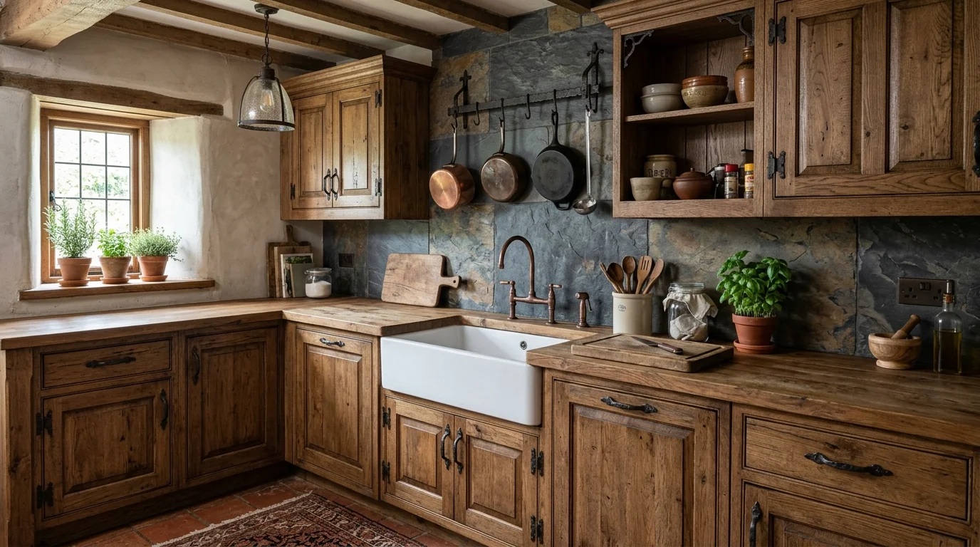 Kitchen with backsplash behind open shelves, crockery display, and cozy texture.