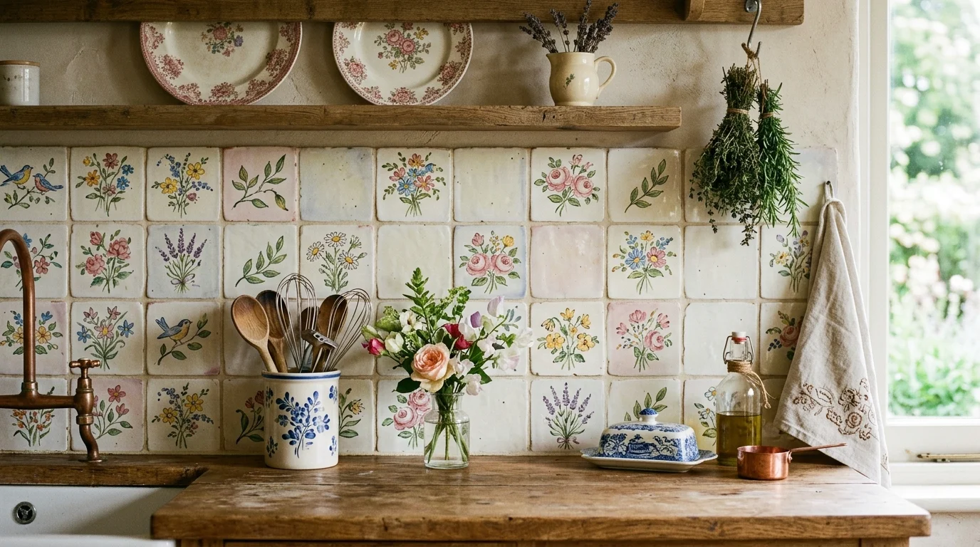 Country kitchen with copper details, tile backsplash, and warm reflective light.