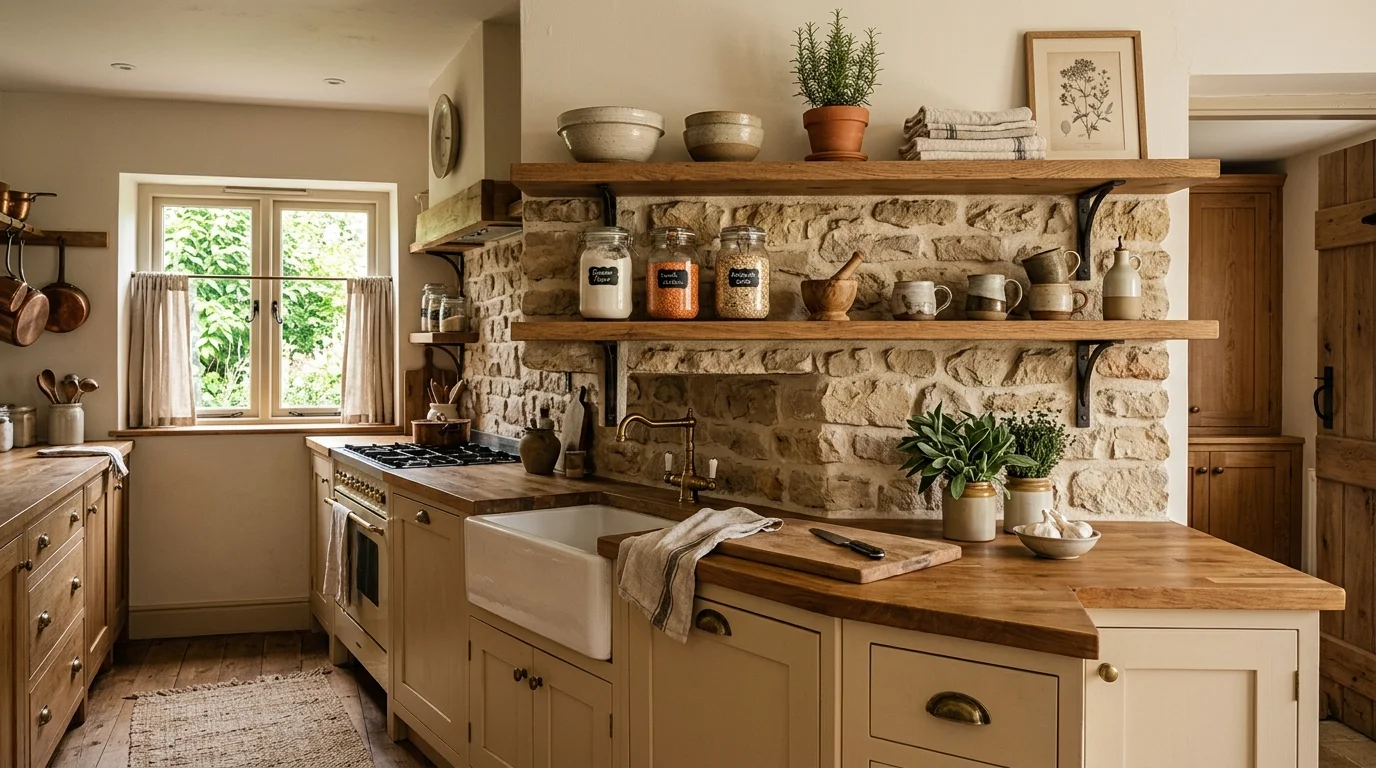 Kitchen with white tile, dark grout, and sturdy farmhouse definition.