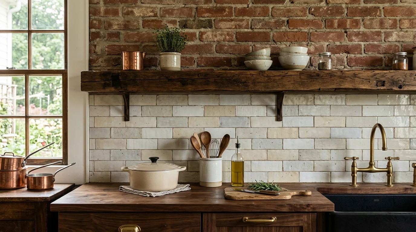 Country kitchen with continuous stone backsplash and elevated rustic elegance.