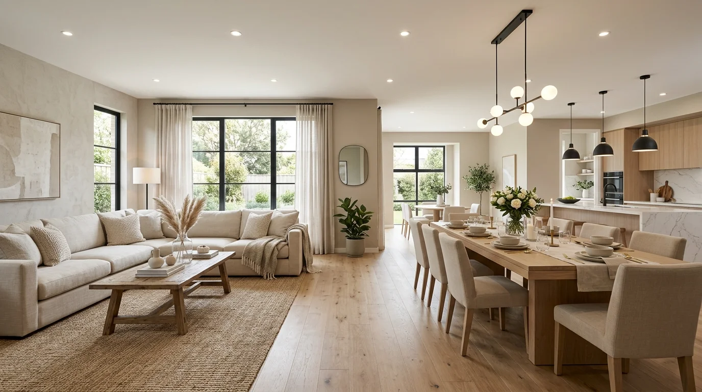 Open concept living and dining room with matching palette, continuous flooring, and cohesive lighting.