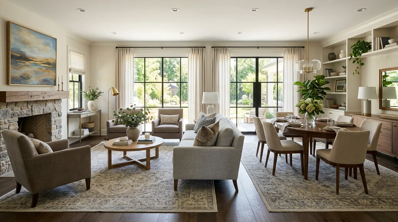 Living and dining spaces linked by similar rugs, coordinated furniture tones, and balanced layout.