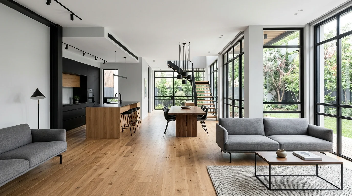 Modern open-plan living-dining room with black and wood details, minimal furniture, and uninterrupted sightlines.