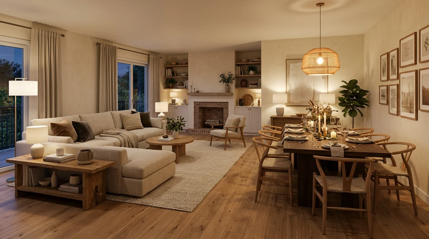 Connected living and dining area with sectional facing dining table and unified decor theme.