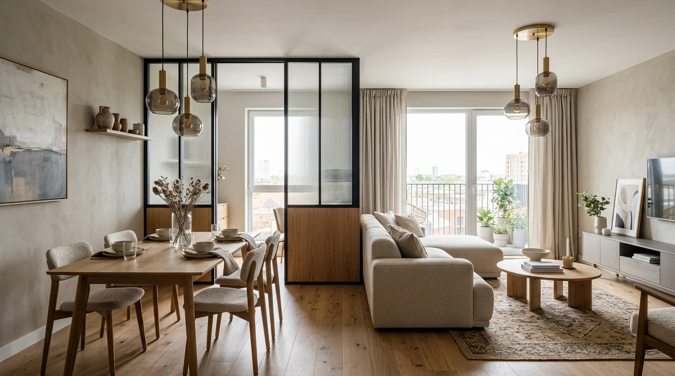 Open layout with partial glass divider, matching pendants, and complementary textures.