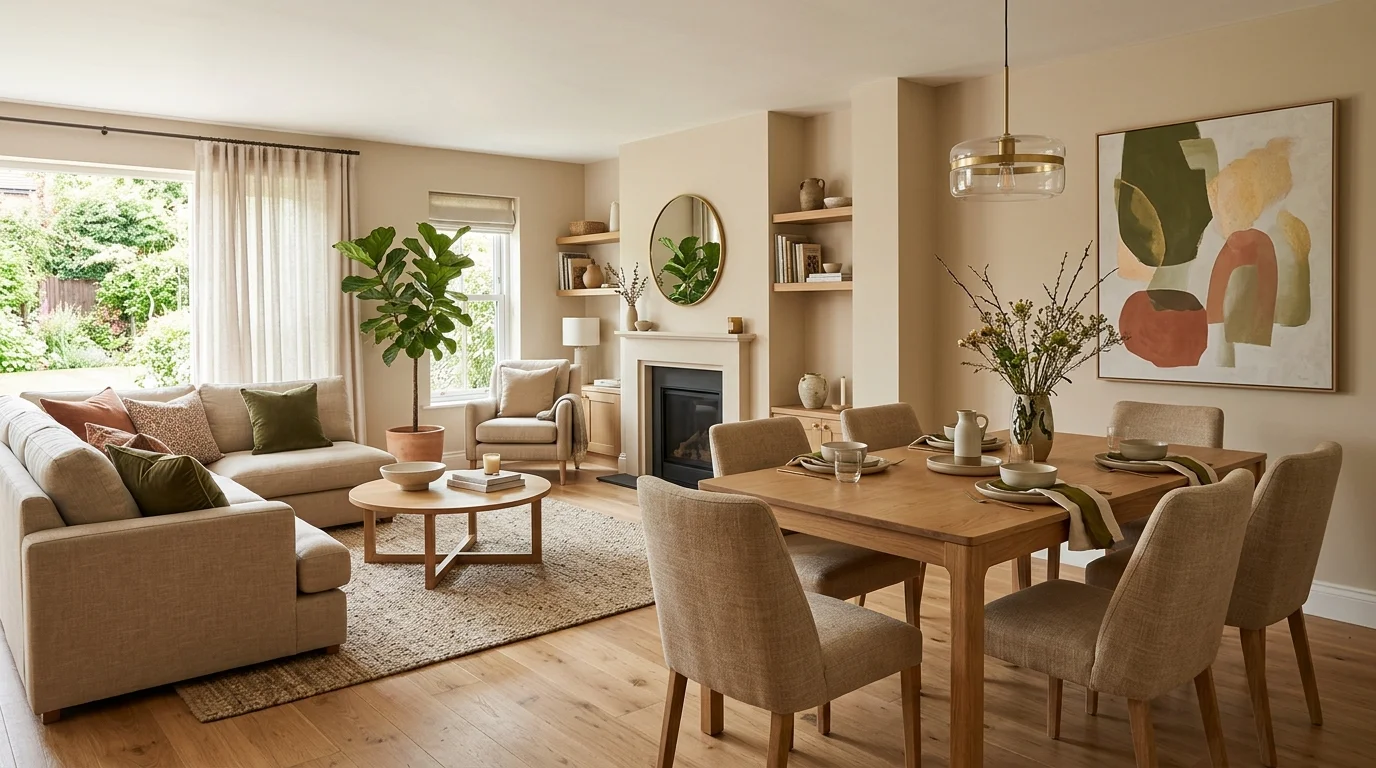 Neutral living and dining combo with beige walls, similar upholstery, and repeated accent colors.