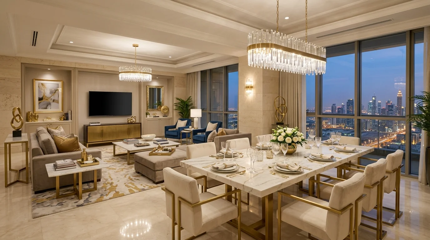 Luxury open-plan interior with marble table, gold accents, and coordinated high-end furnishings.