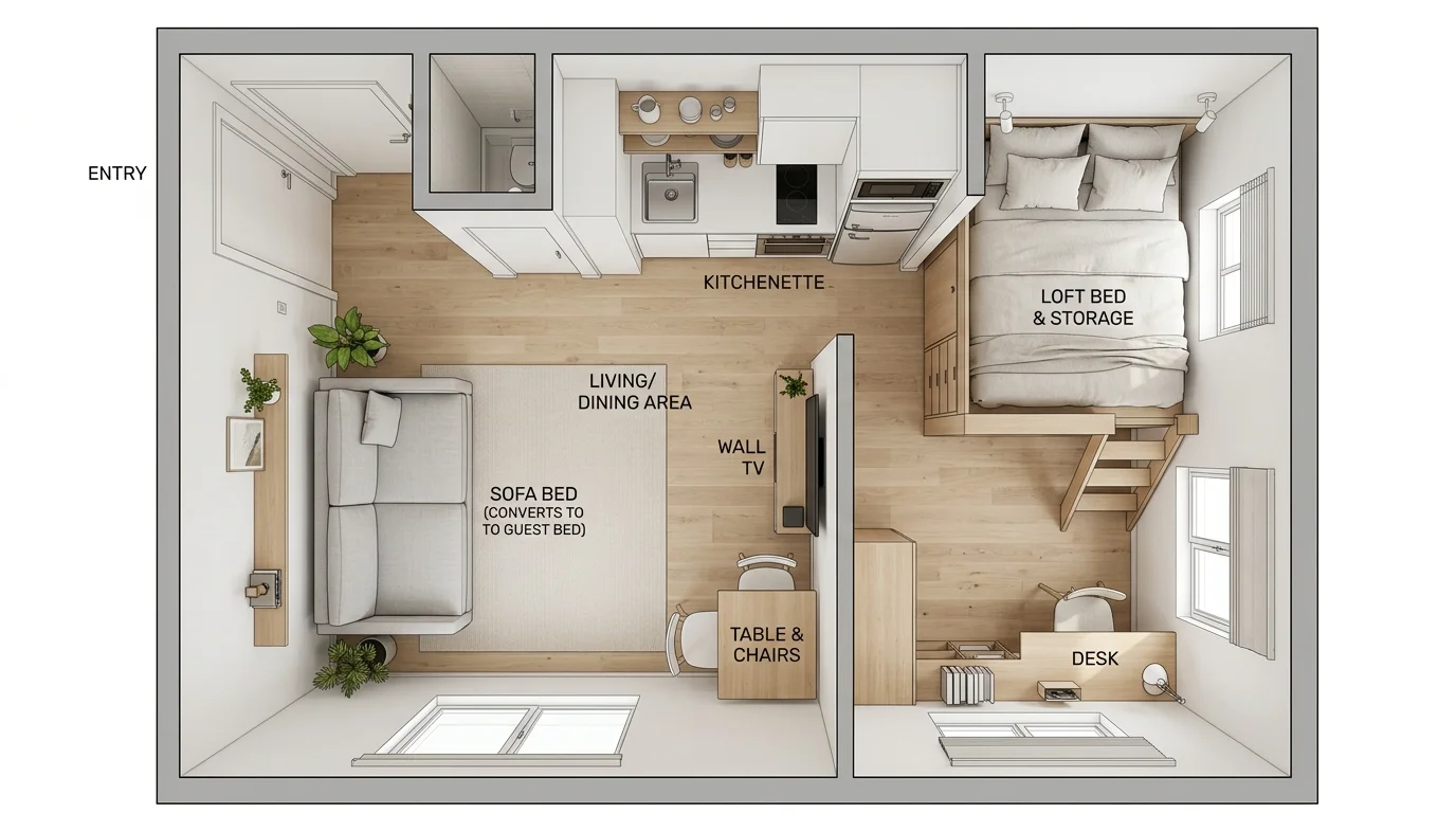 Small apartment with multifunctional furniture, compact dining set, and consistent minimalist design.