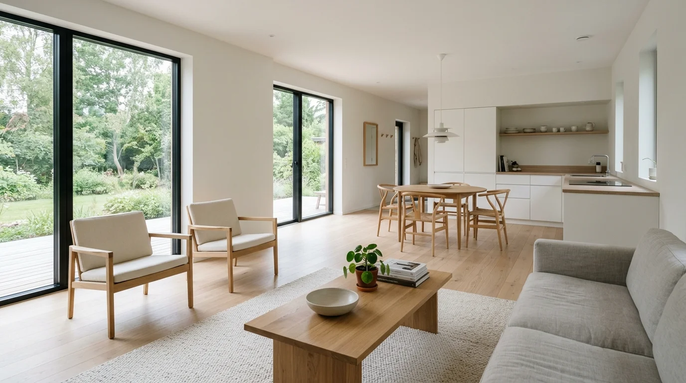 Scandinavian connected space with light wood flooring, white palette, and minimal furniture.