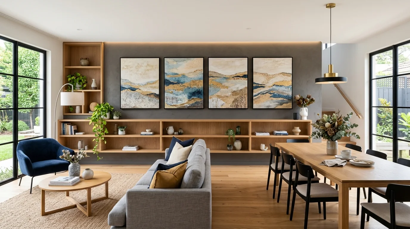 Open living-dining area with shared feature wall, shelving, and unified artwork across both spaces.