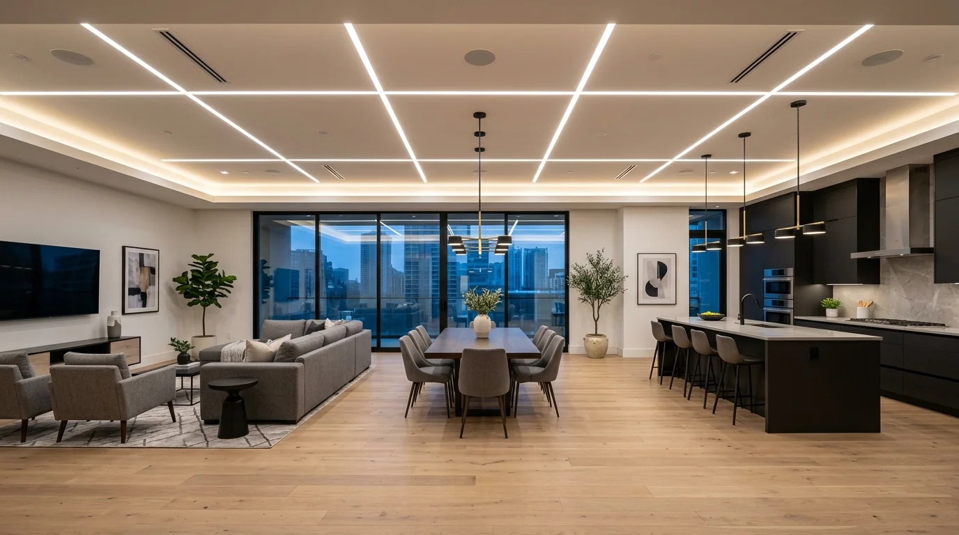 Contemporary open layout with consistent ceiling lights, related decor, and aligned furniture placement.