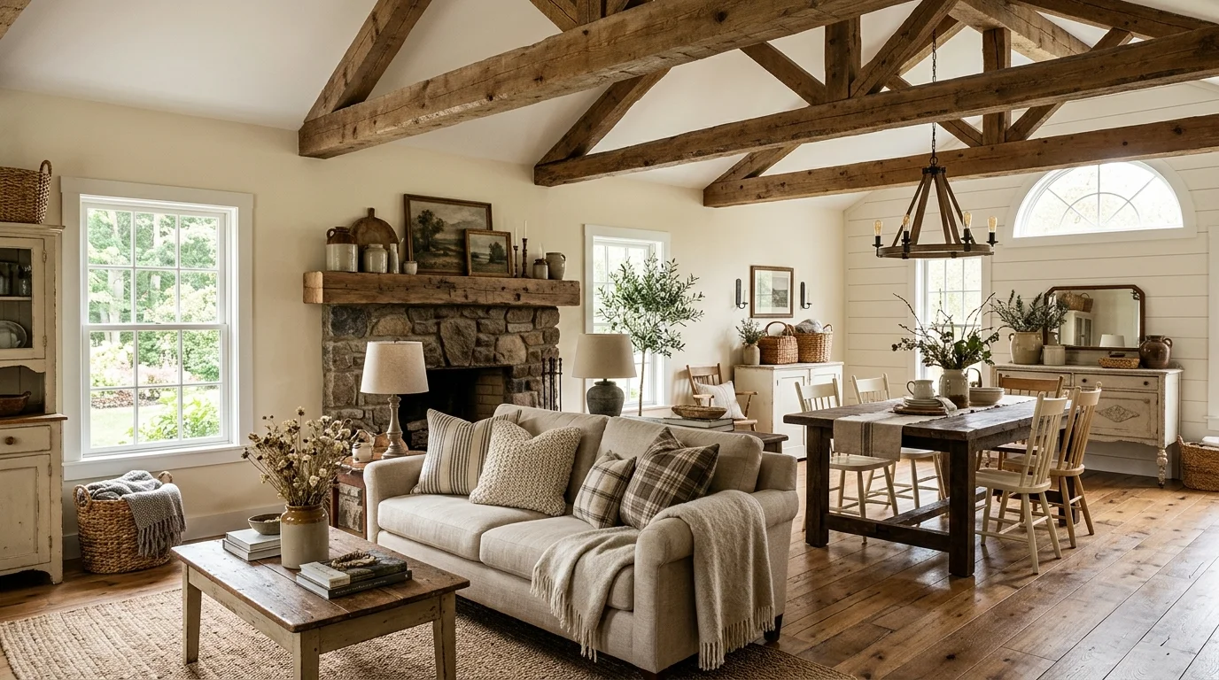 Rustic connected space with wood beams, earthy tones, and cohesive farmhouse styling across both rooms.