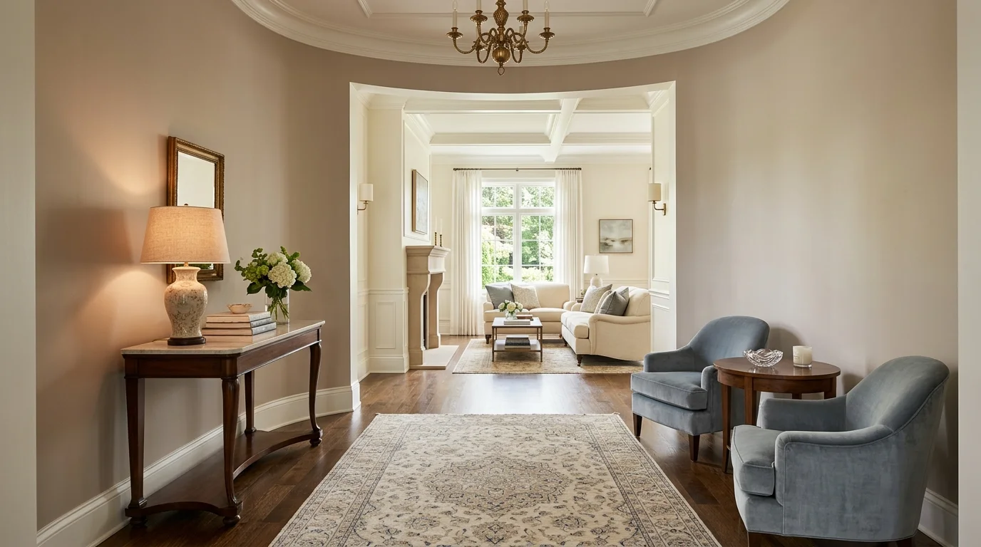 Elegant transitional living-dining space with subtle color shifts, coordinated fabrics, and balanced furniture.