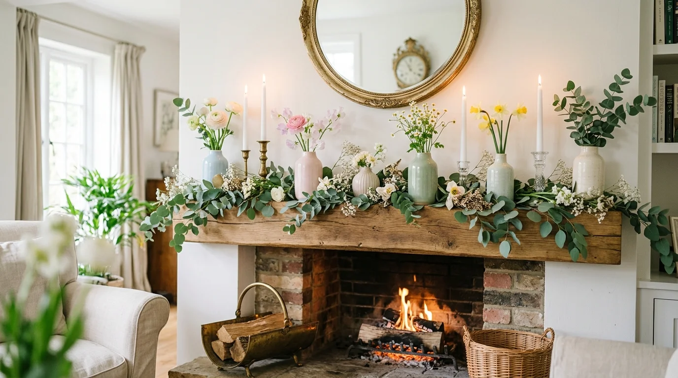 Spring mantel with flowers, greenery, pastel accents, and a fresh bright fireplace setup.